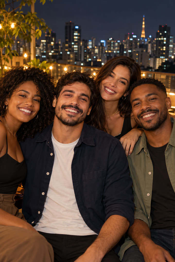 Amigos tirando foto à noite